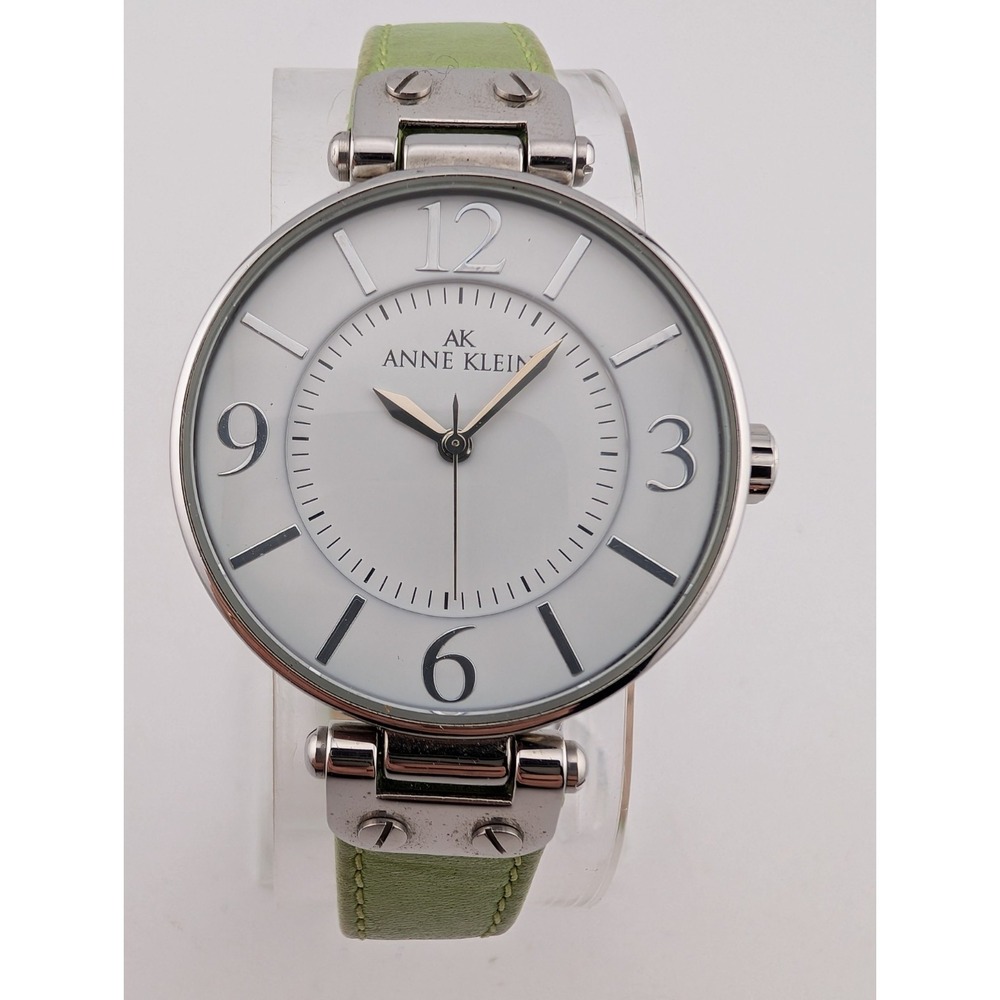 Anne Klein Watch Women 34mm Silver Case Green Leather‎ Band 10/9169- New Battery